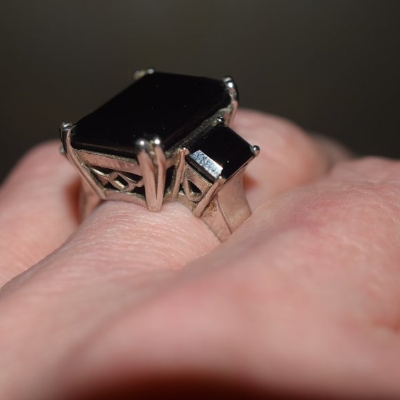 Sterling Silver Chuck Clemency Large 3 Stoned Genuine Black Spinel Ring - Picture 7 of 12